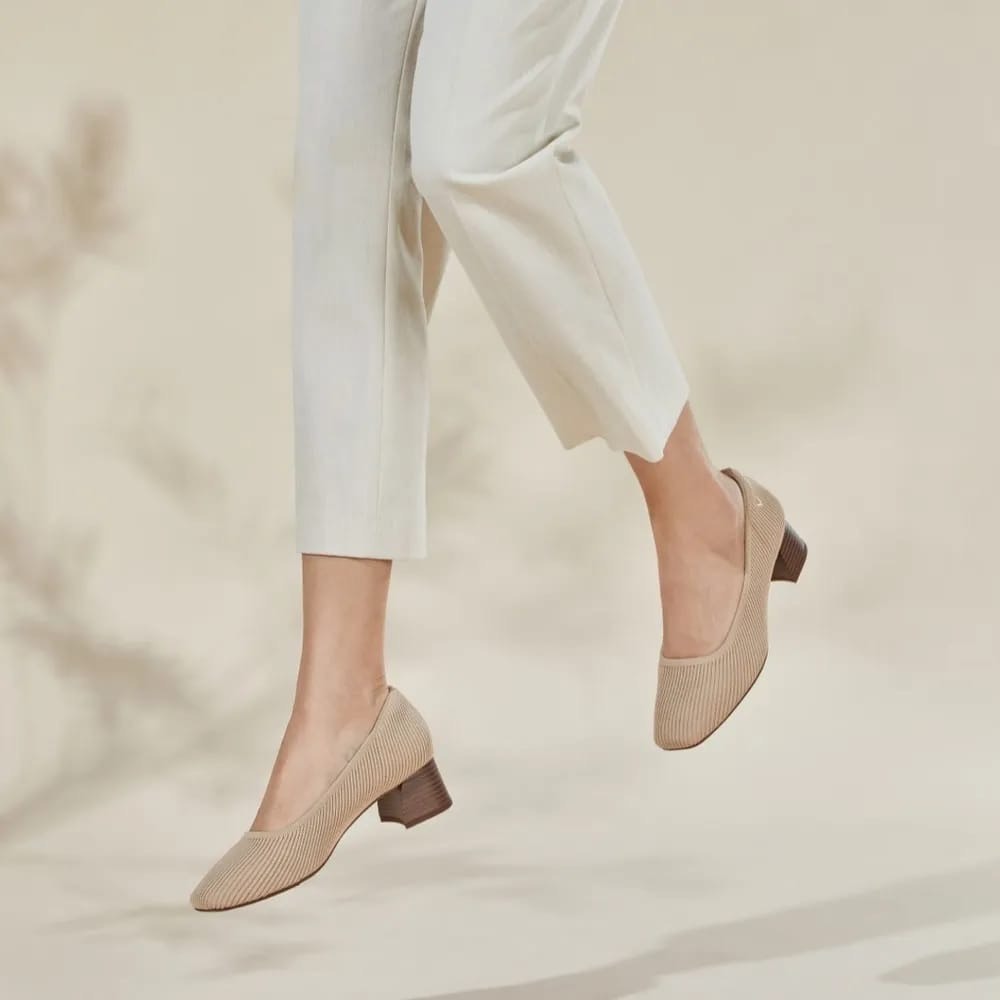 Vivaia Square Toe Chunky Block Heel Knit Pumps Almond Tan Beige Women US 7 EU 38